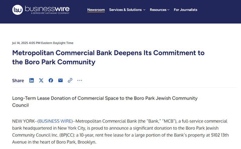 Metropolitan Commercial Bank Deepens Its Commitment to the Boro Park Community